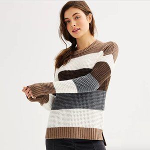 So Waffle Knit  Brown White Striped Pullover Crewneck  Sweater Small
